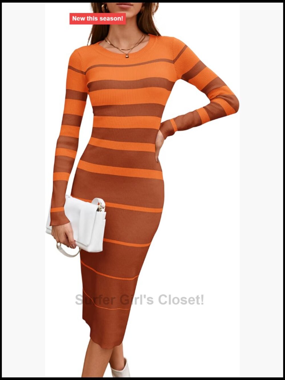 Women's Long Sleeve Ribbed Bodycon Midi Sweater Dress Striped Crew Neck Knit